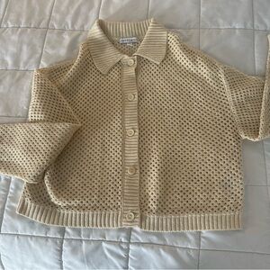 Cream Fishnet Crochet Cardigan Open Stitch Knit Button-Up Cardigan Size M